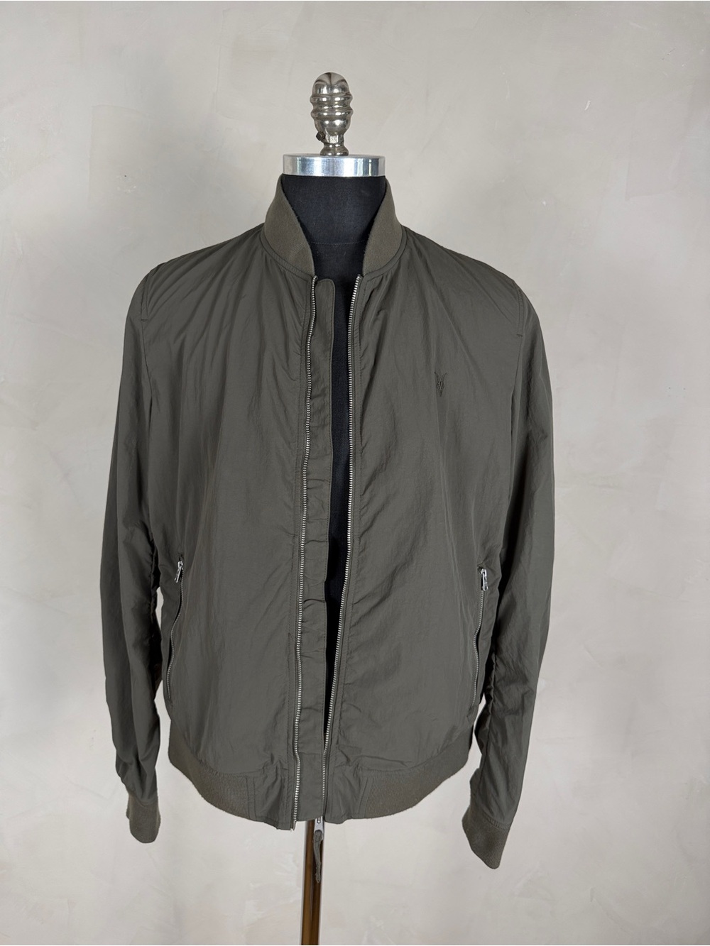 AllSaints Men’s Lightweight Nylon Bomber Jacket Khaki Olive Green Size L